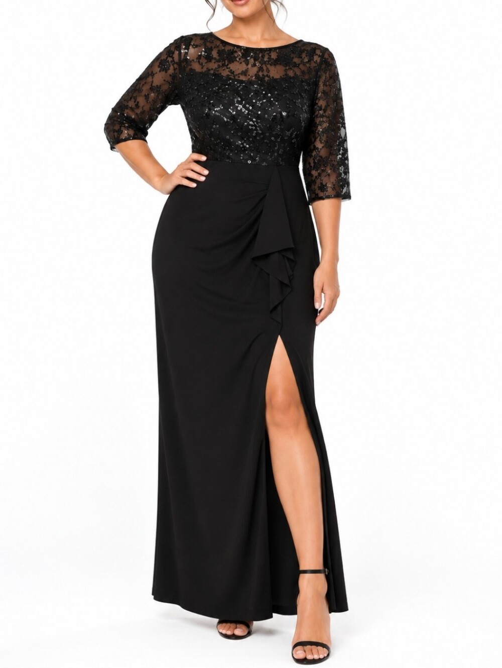 Bellissima Size 16 Black Sequin Lace Evening Gown Maxi Cocktail Christmas Dress